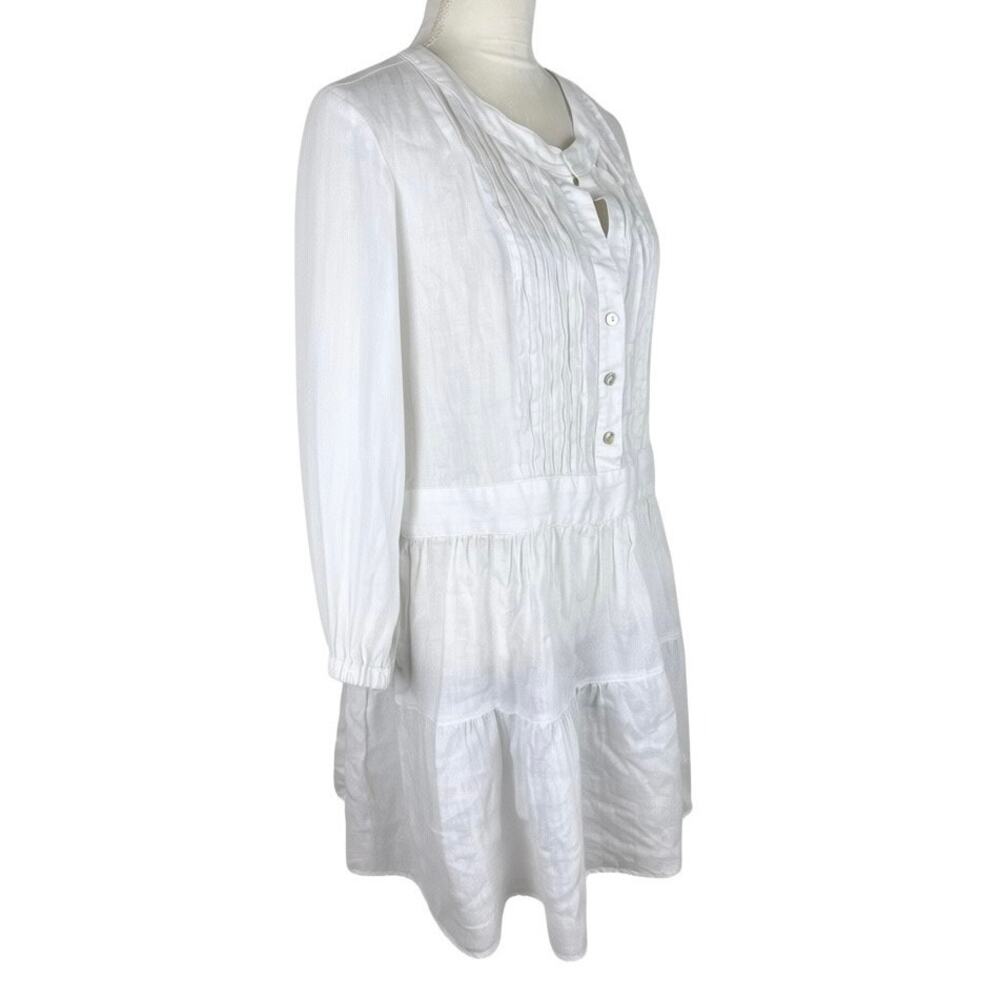 Finley 100% Linen White Mini Dress Long Sleeve Pleated V-Neck Button Size Large - Picture 3 of 8